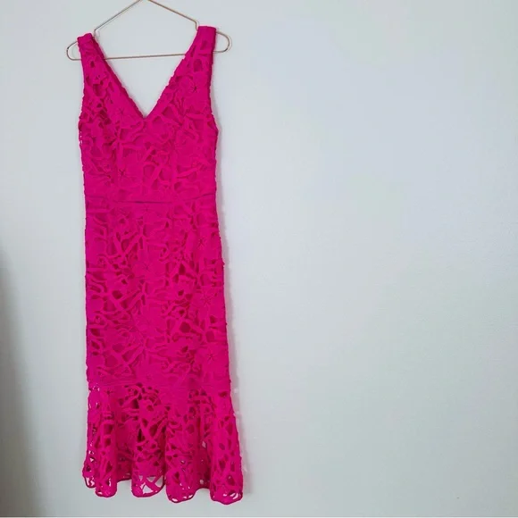 Alexia Admor Floral Lace V-neck Peplum Hem Eyelet Pink Midi Dress - Picture 11 of 14